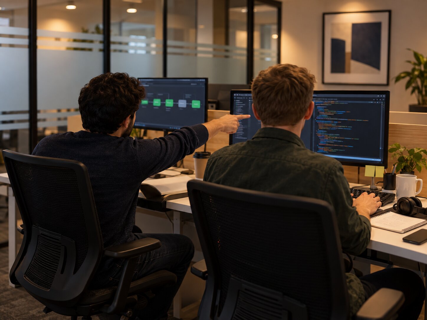 Engineers pairing on a build across laptops during a working session